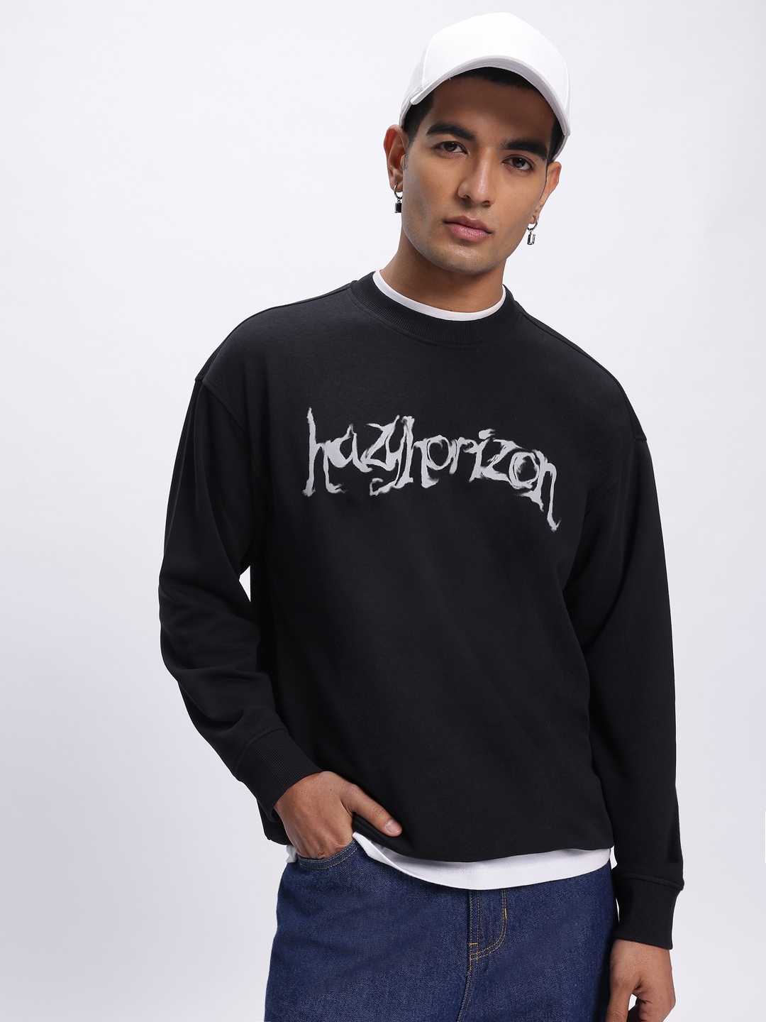 

glitchez Typography Twist Printed Oversized Sweatshirt, Black