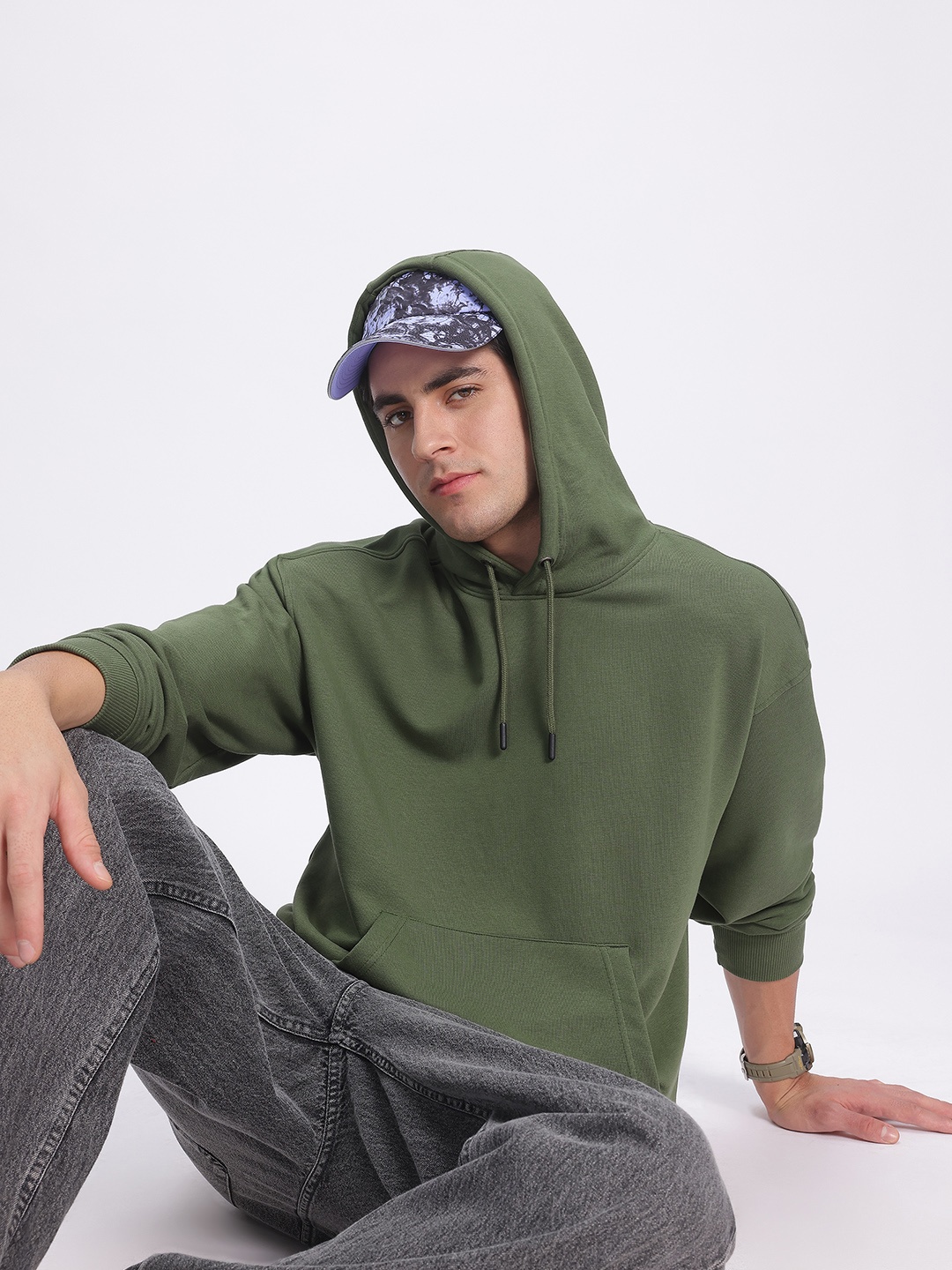 

glitchez Army Cool Hooded Oversized fit Pullover, Olive