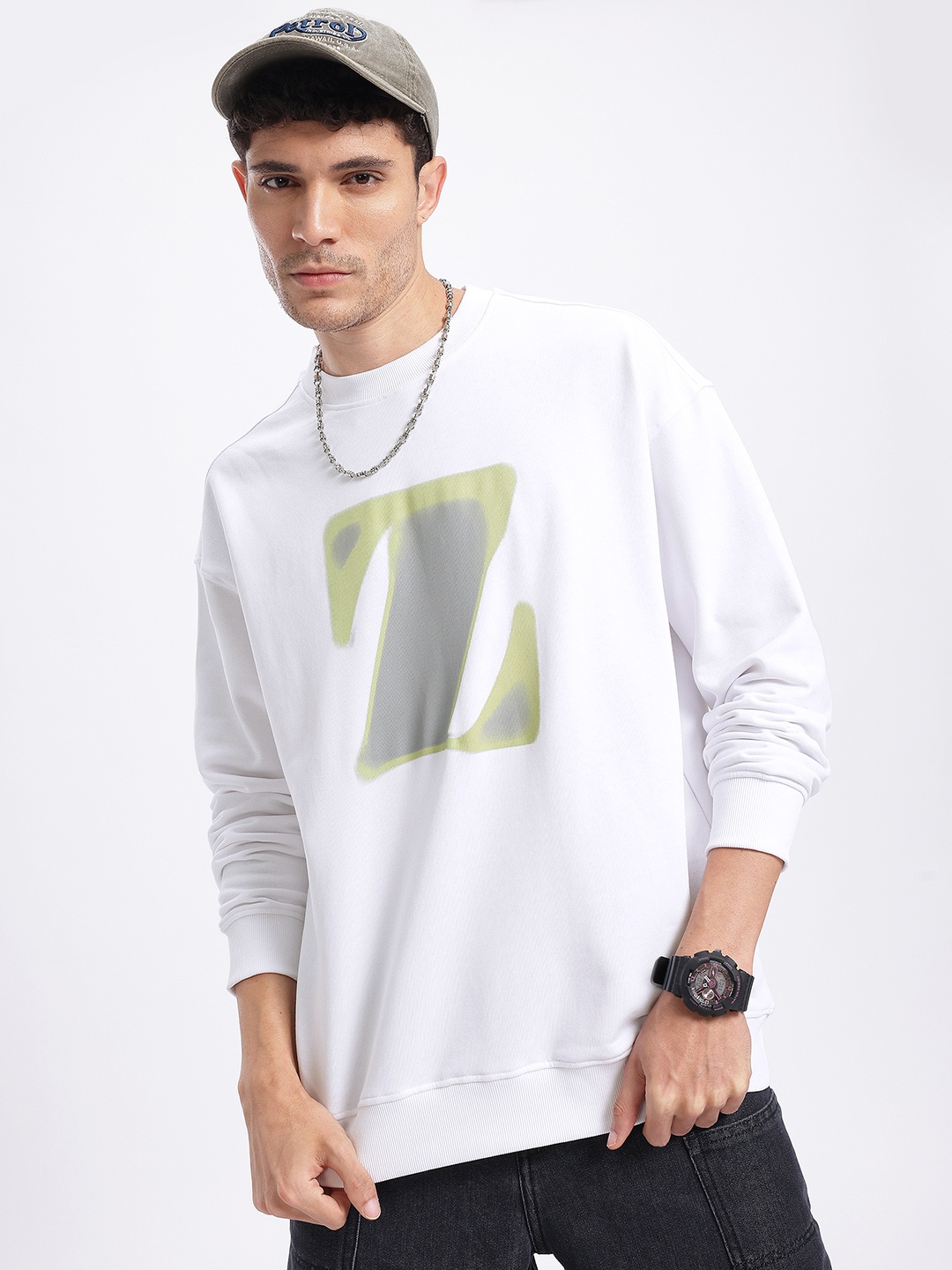 

glitchez Cozy Basics Printed Terry Oversized Sweatshirt, White