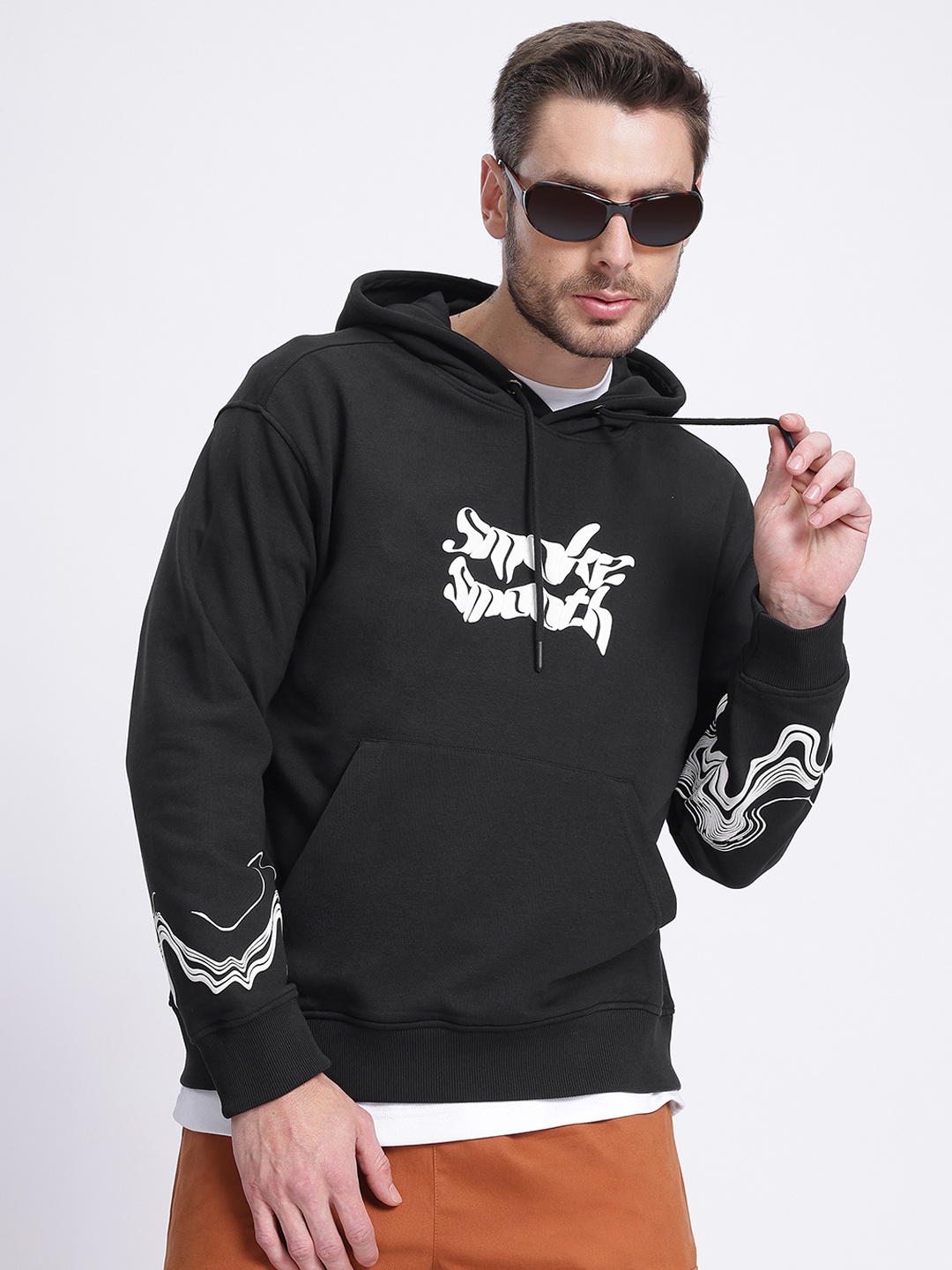 

glitchez Word Power Drop-Shoulder Sleeves Oversized Fleece Hooded Sweatshirt, Black