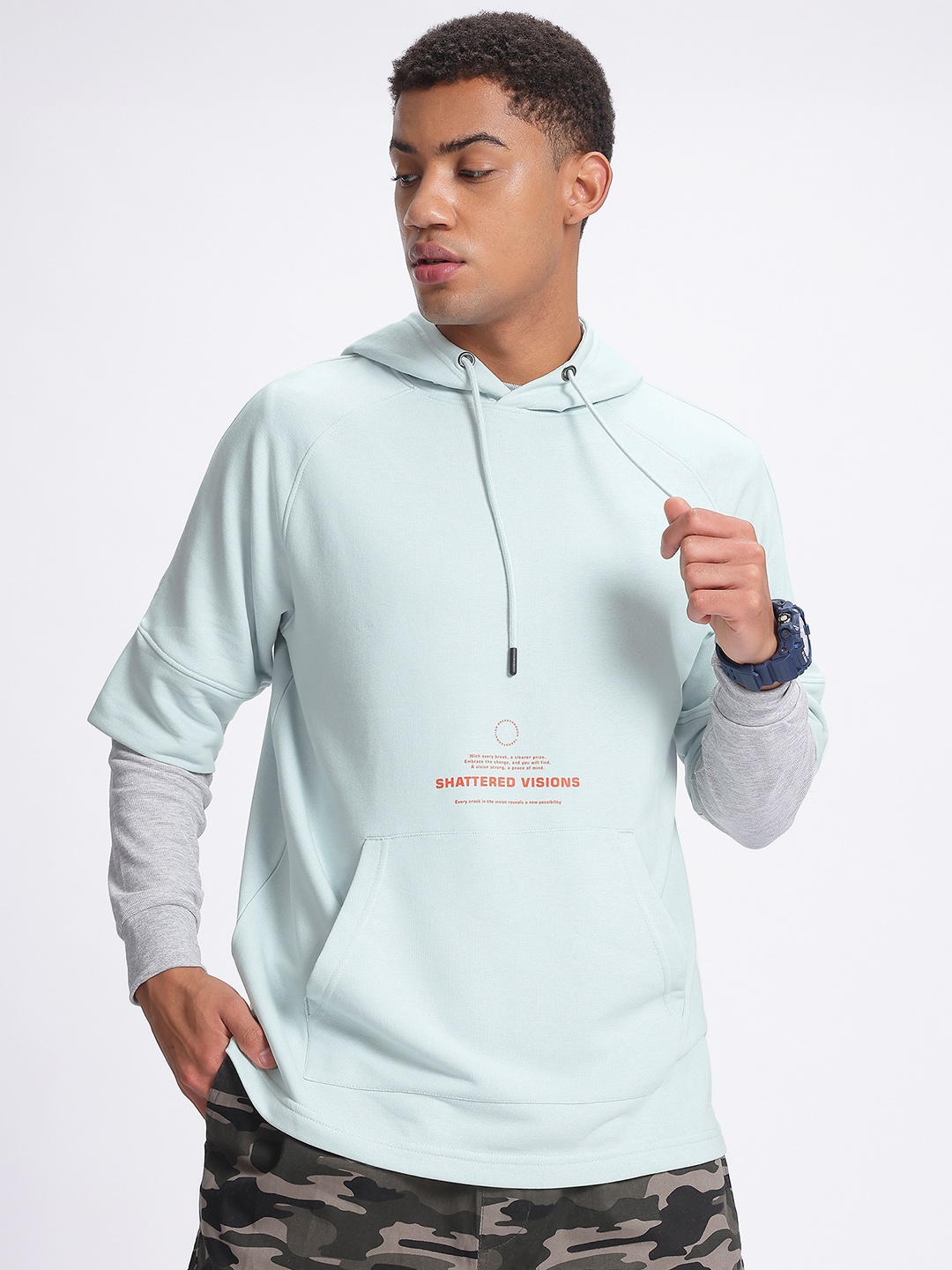 

glitchez Typo Thrills Drop-Shoulder Sleeves Oversized Fleece Hooded Sweatshirt, Sea green