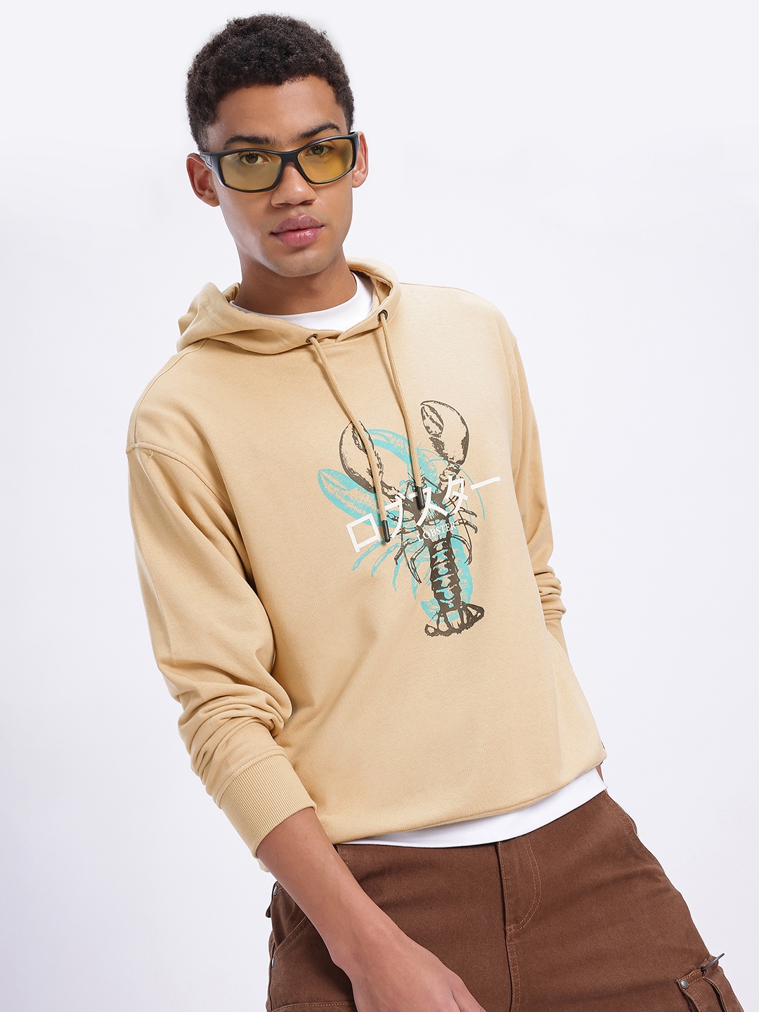 

glitchez Lobster Love Printed Hooded Sweatshirt, Beige