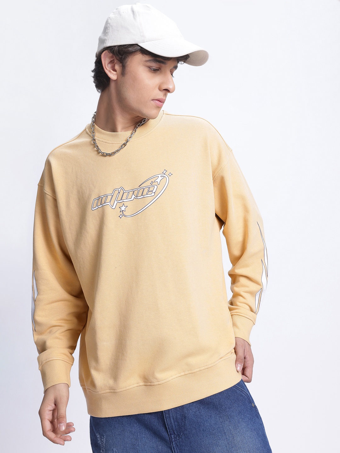 

glitchez Urban Blend Typography Oversized Sweatshirt, Beige