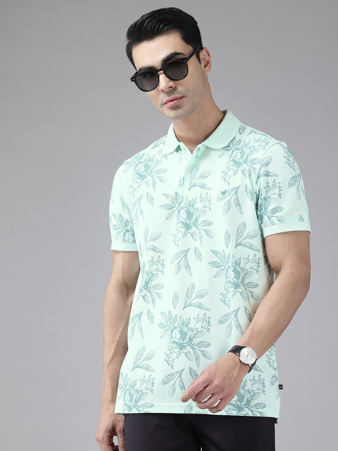 

Blackberrys Floral Print Polo Collar Slim Fit T-shirt, Green