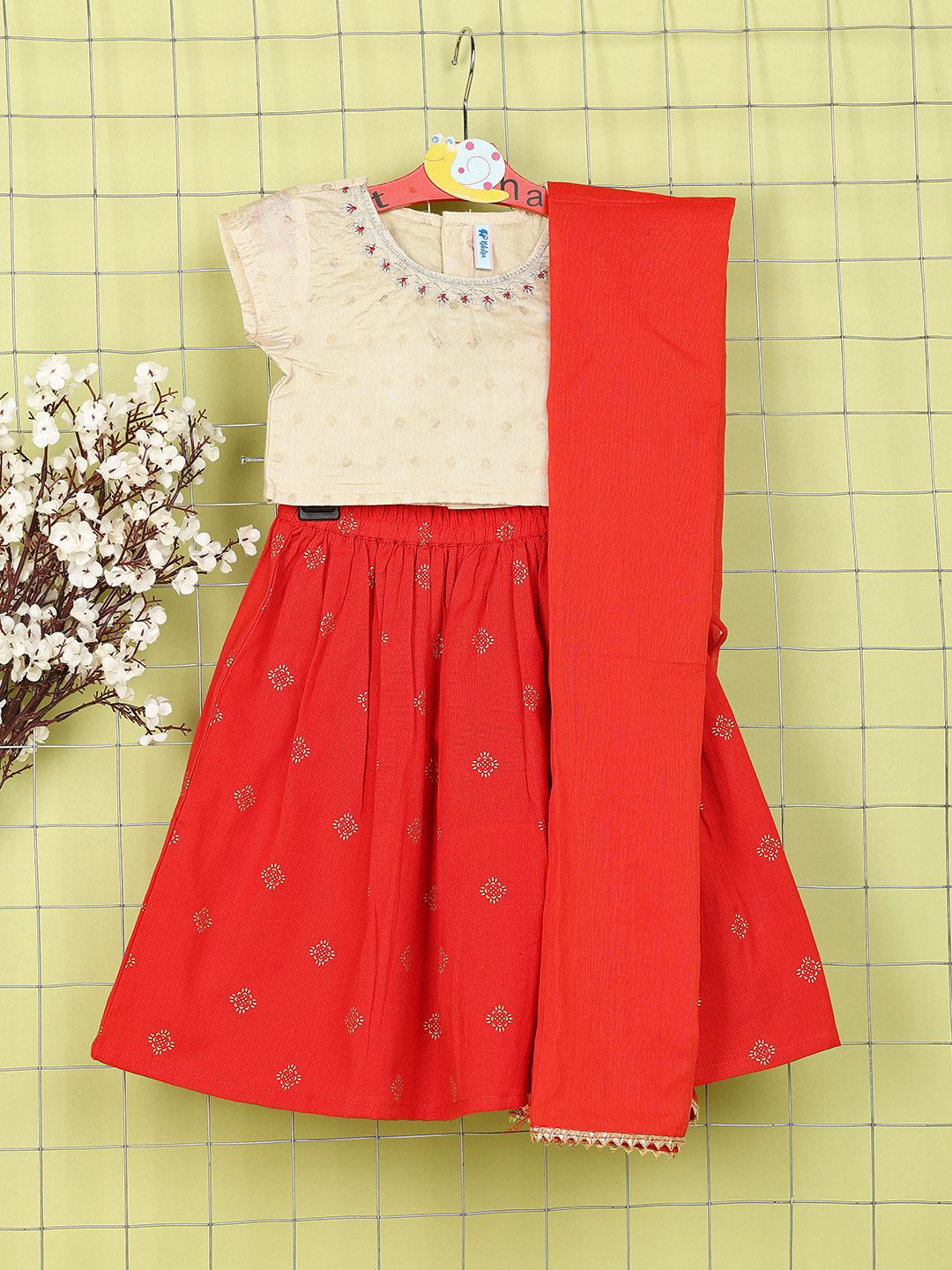 

V-Mart Infants Girls Woven Design Thread Work Cotton Ready to Wear Lehenga Choli, Beige