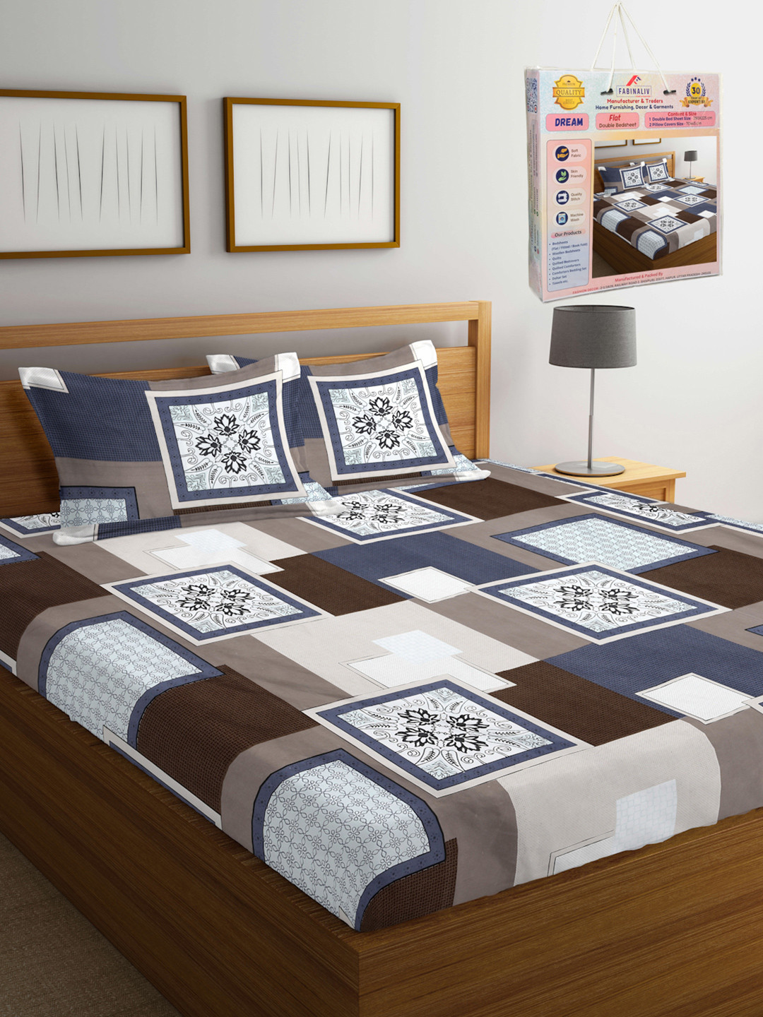 

FABINALIV White & Brown Geometric Printed 300 TC King Bedsheet Set 2.50 m X 2.25 m