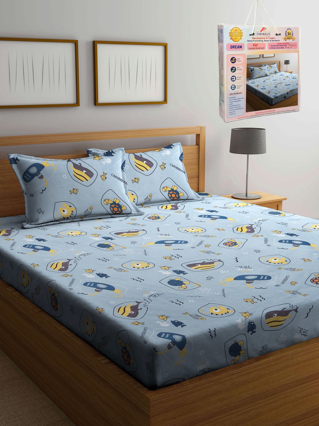 

FABINALIV Blue & Yellow Cartoon Characters 300 TC King Bedsheet Set 2.50 m X 2.25 m