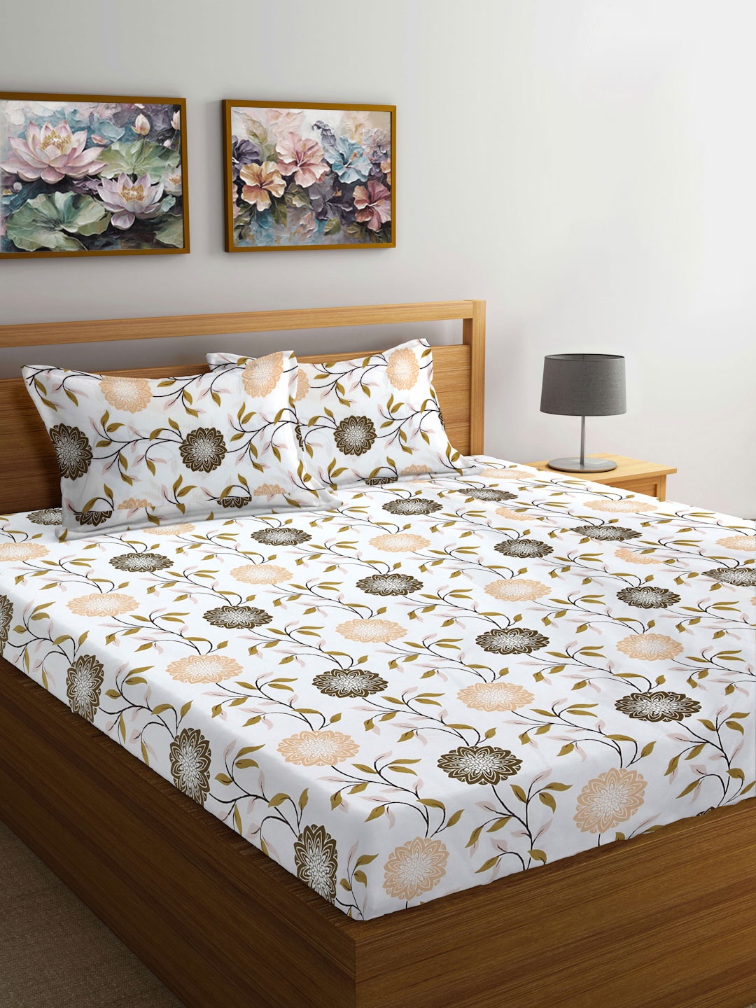 

FABINALIV White & Beige Floral Printed 300 TC King Bedsheet Set 2.50 m X 2.25 m