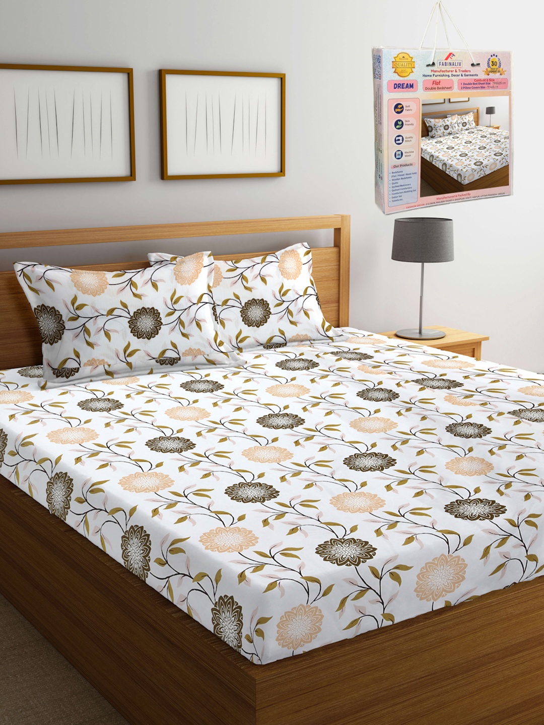 

FABINALIV White & Beige Floral Printed 300 TC King Bedsheet Set 2.50 m X 2.25 m