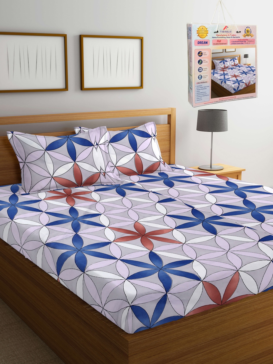 

FABINALIV Blue & White Geometric Printed 300 TC King Bedsheet Set 2.50 m X 2.25 m