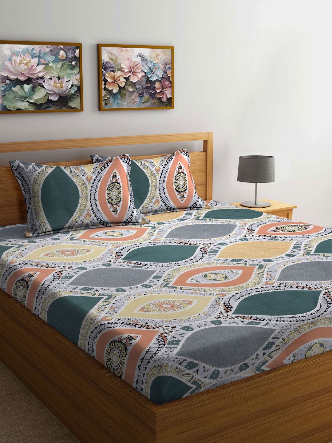 

FABINALIV Grey & Green Ethnic Motifs Printed 300 TC King Bedsheet Set 2.50 m X 2.25 m