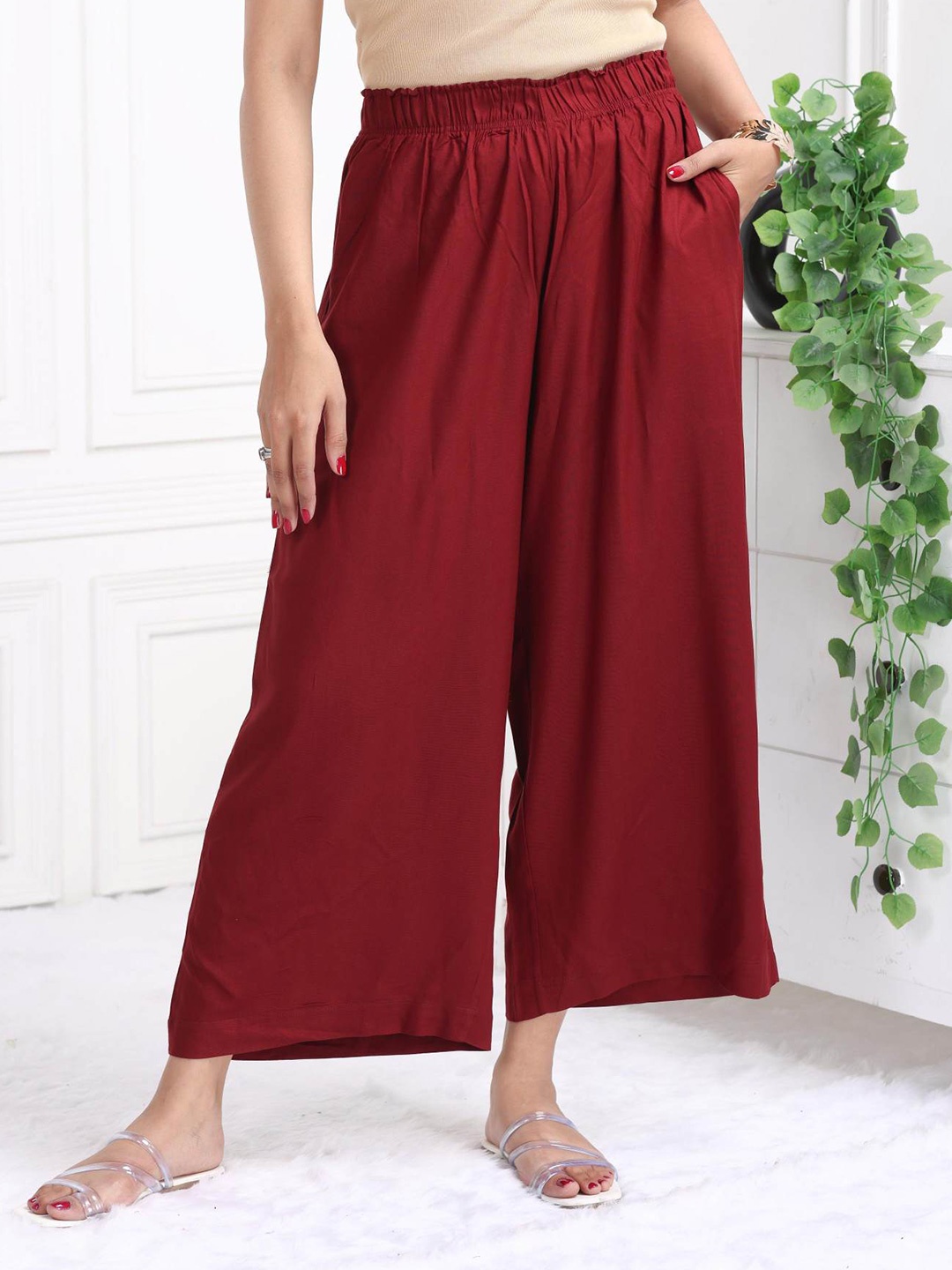 

Mlada Women Mid Rise Regular Fit Rayon Casual Palazzo, Maroon