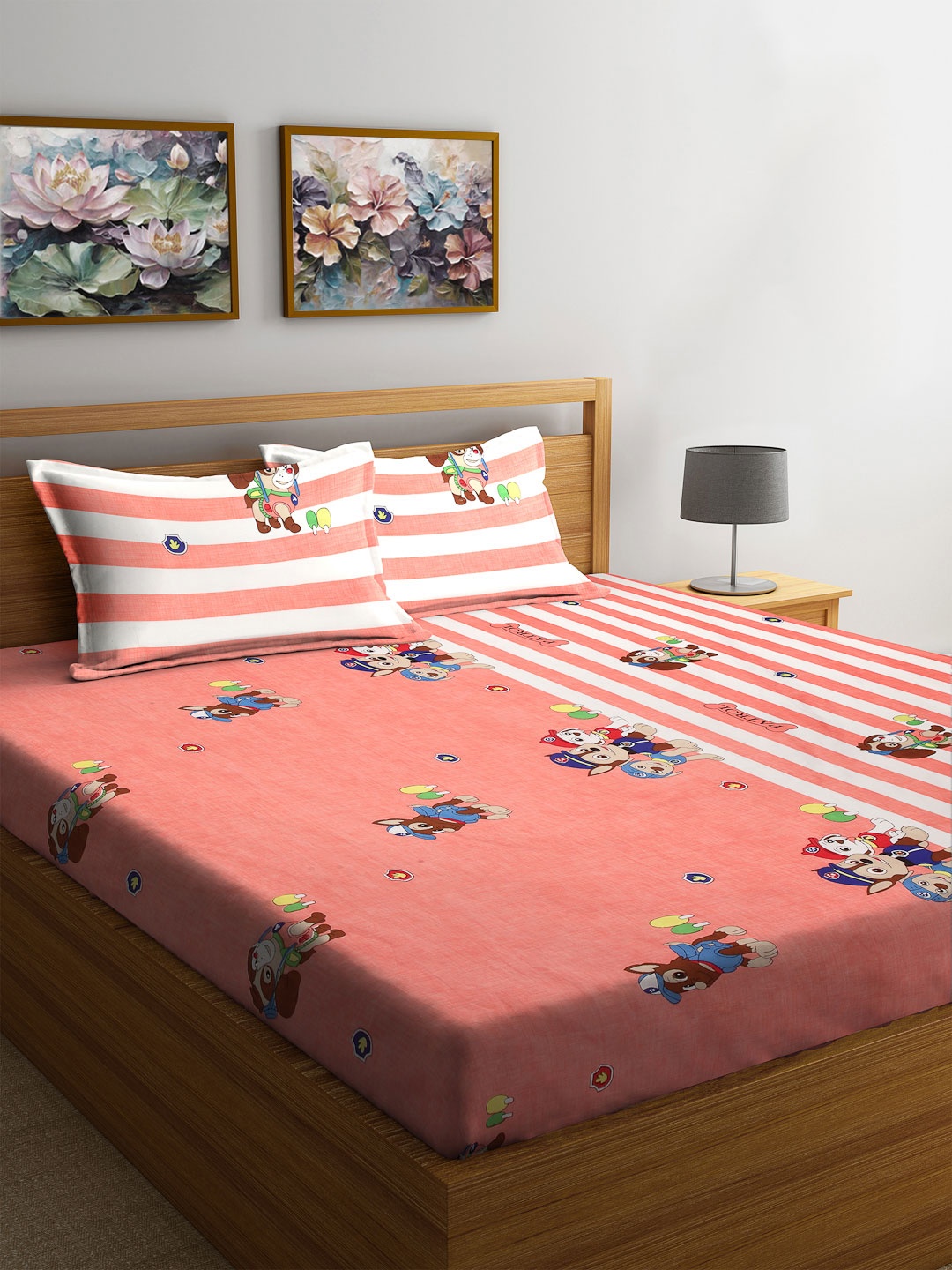 

FABINALIV Peach-Coloured Cartoon Characters 300 TC King Bedsheet Set-2.50 m X 2.25 m