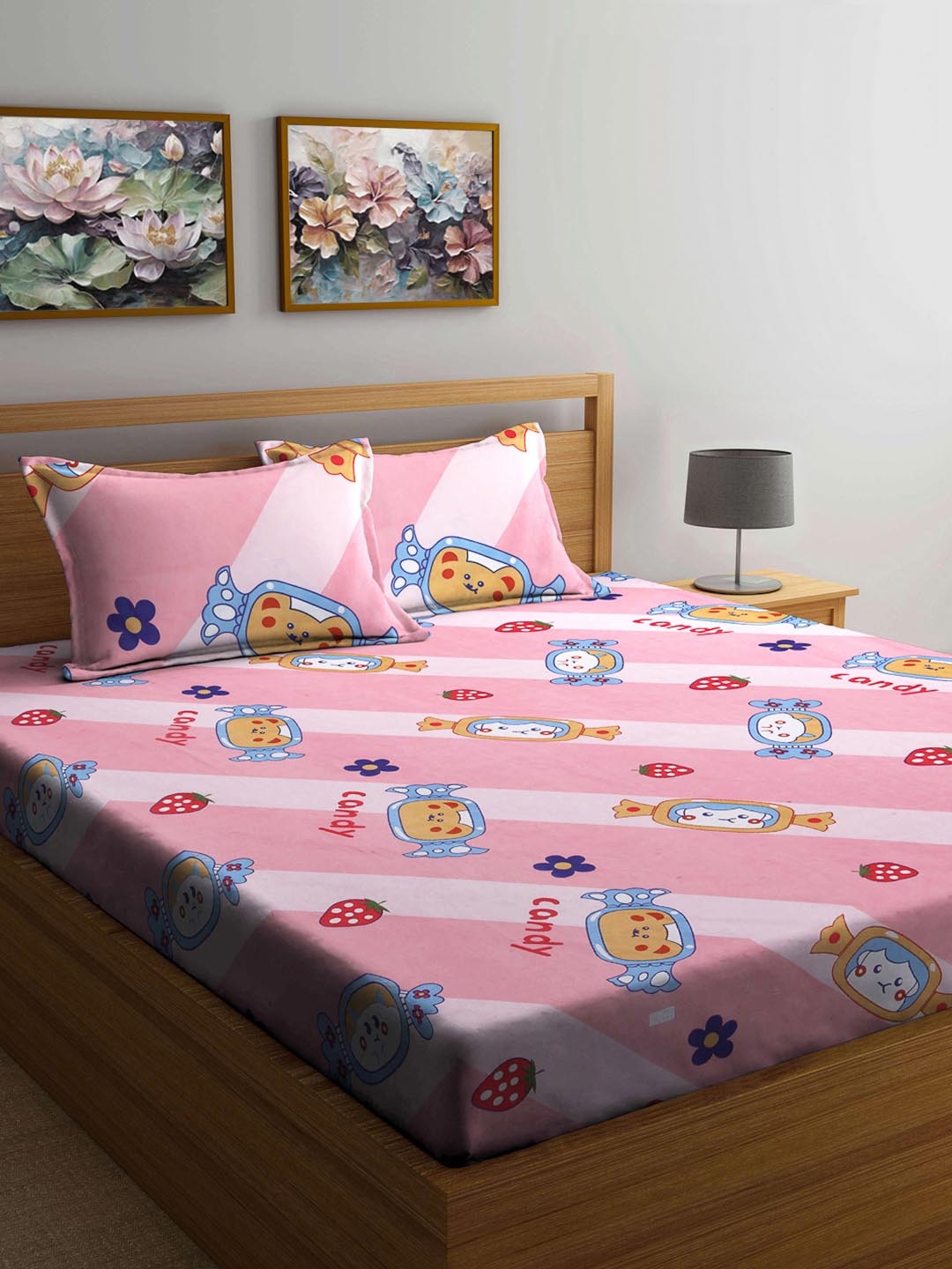 

FABINALIV Pink Cartoon Characters Printed Cotton 300 TC King Bedsheet Set 2.50 m x 2.25 m