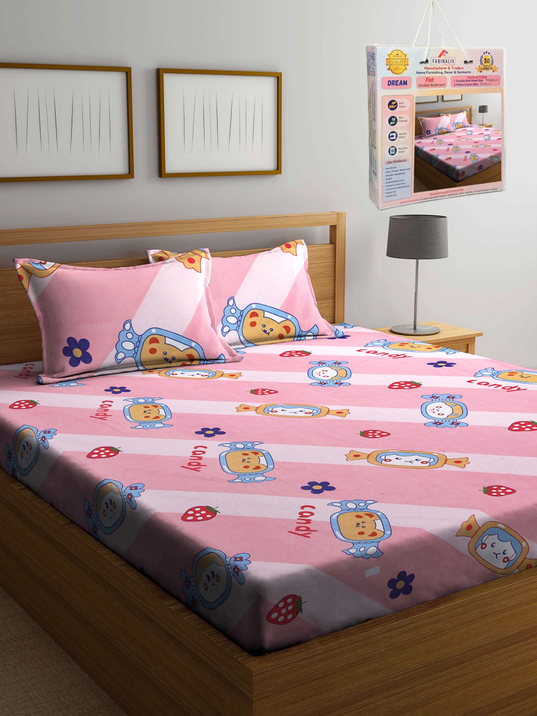 

FABINALIV Pink Cartoon Characters Printed Cotton 300 TC King Bedsheet Set 2.50 m x 2.25 m