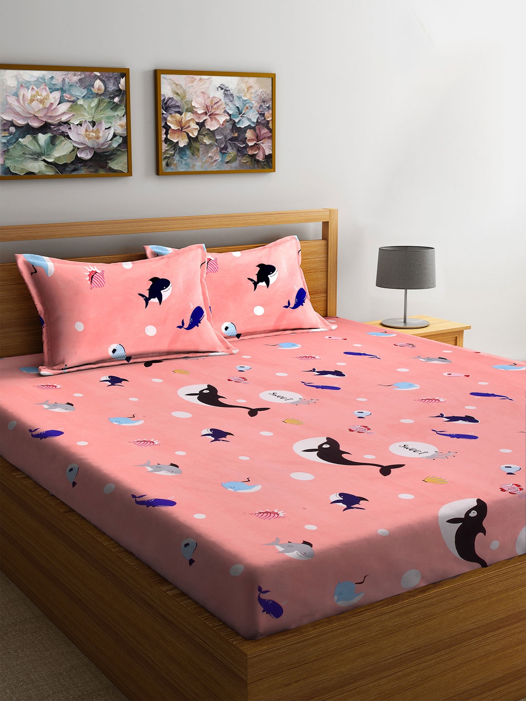 

FABINALIV Peach-Coloured Cartoon Characters 300 TC King Bedsheet Set-2.50 m X 2.25 m