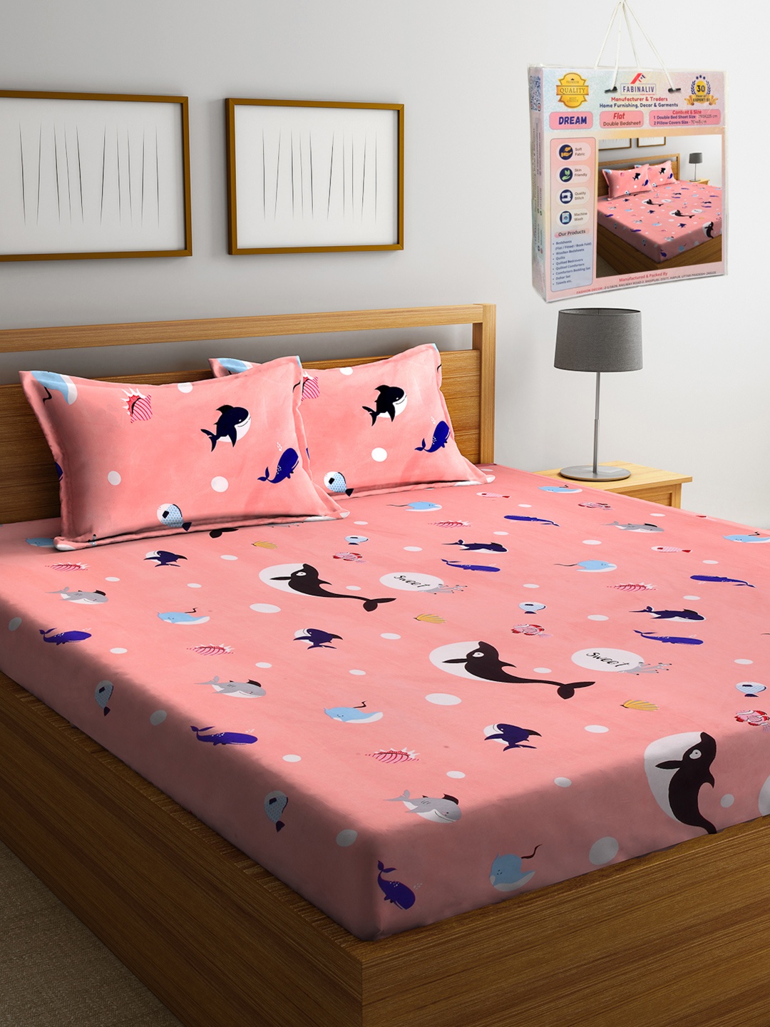 

FABINALIV Peach-Coloured Cartoon Characters 300 TC King Bedsheet Set-2.50 m X 2.25 m