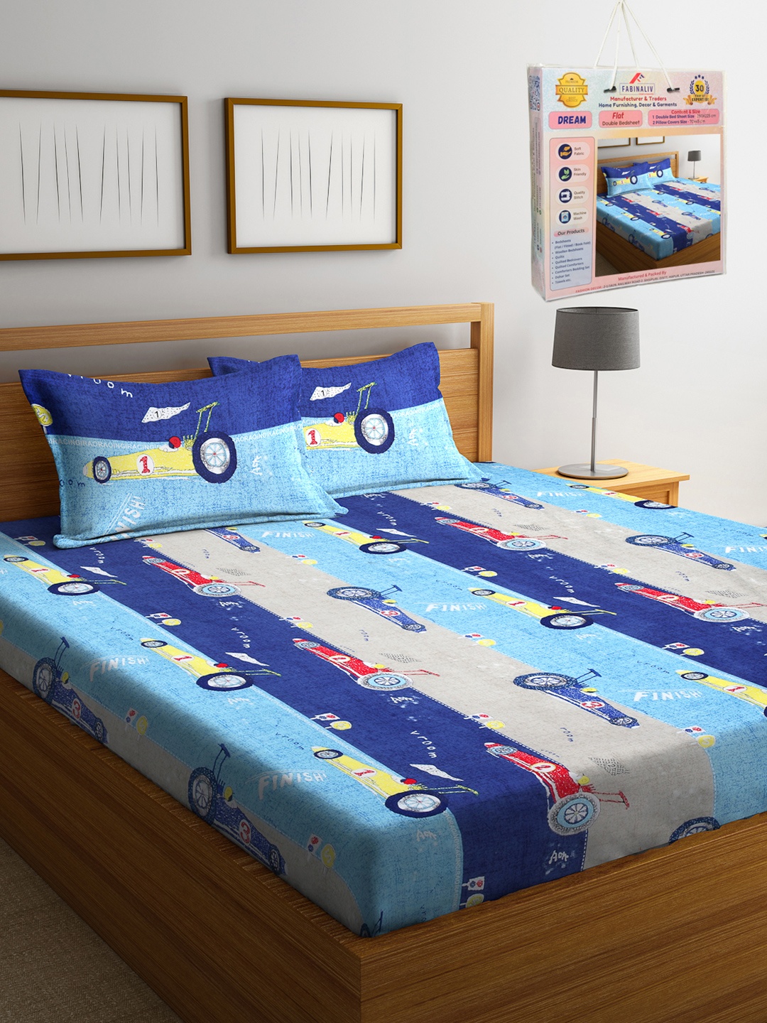 

FABINALIV Blue & Grey Cartoon Characters 300 TC King Bedsheet Set-2.50 m X 2.25 m