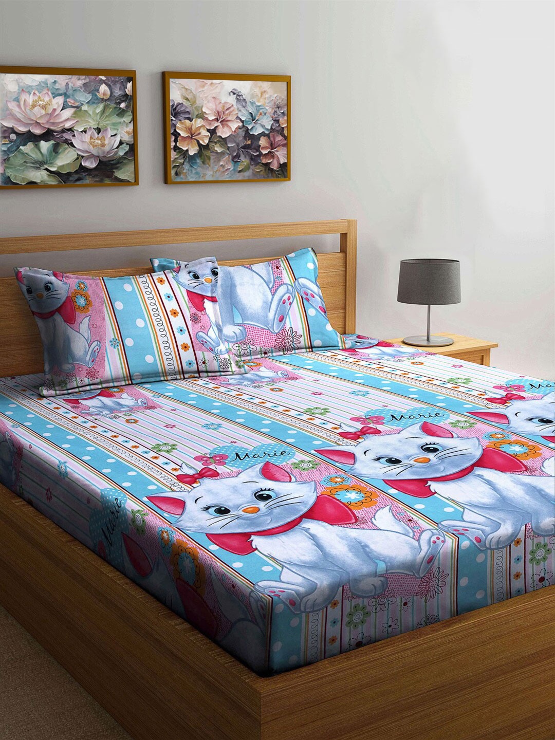 

FABINALIV Blue & Pink Cartoon Characters 300 TC King Bedsheet Set-2.50 m X 2.25 m