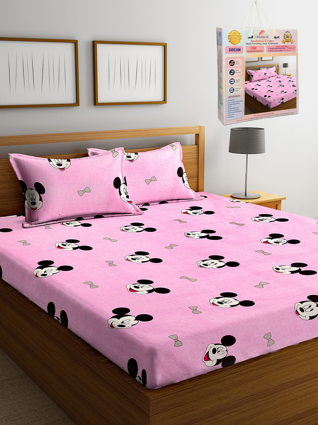 

FABINALIV Pink & Black Cartoon Characters Printed 300 TC King Bedsheet Set 2.50 m X 2.25 m