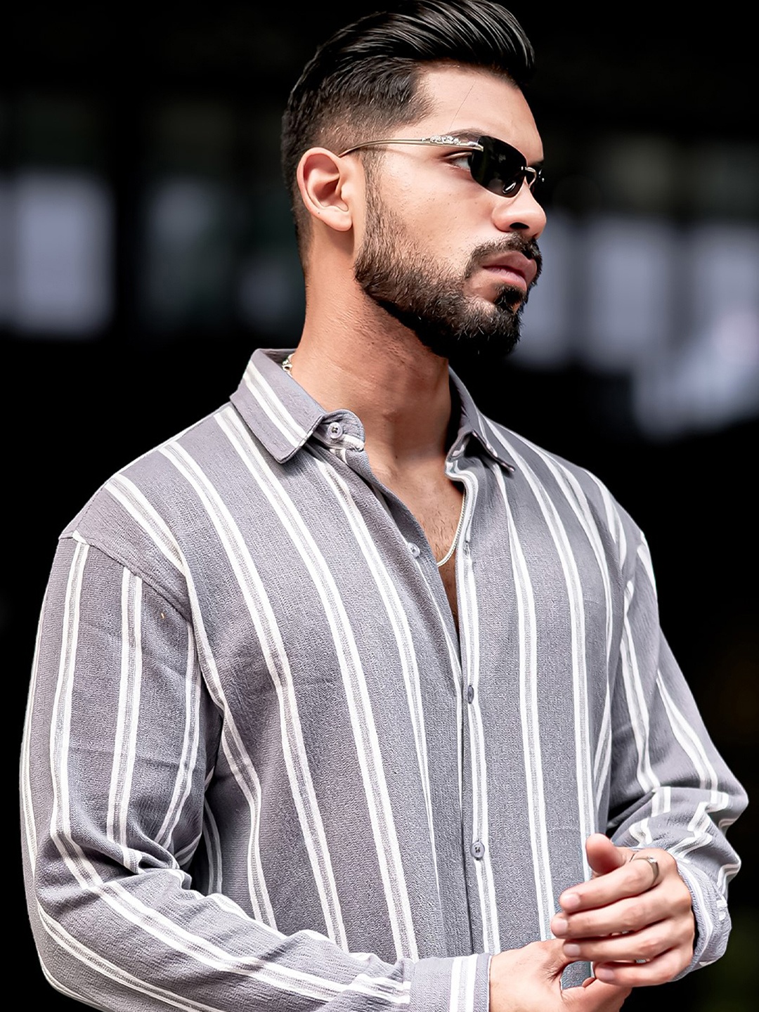 

Maniac Men Comfort Spread Collar Vertical Striped Cotton Casual Shirt, Grey