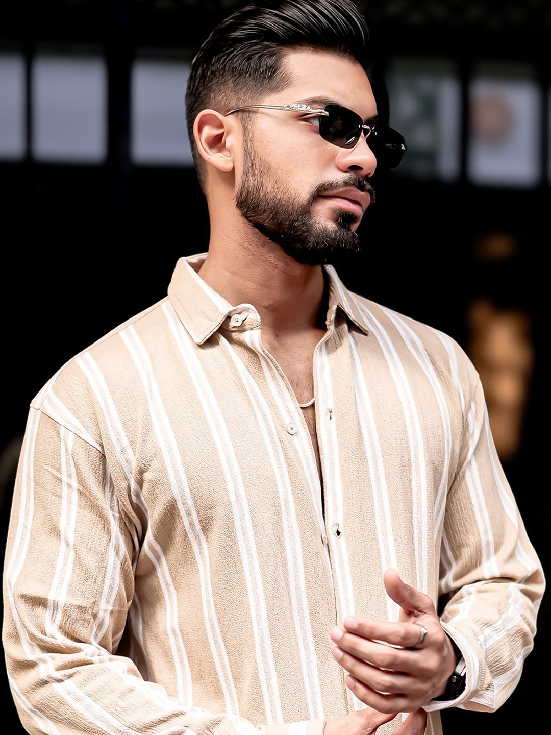 

Maniac Men Comfort Spread Collar Vertical Striped Cotton Casual Shirt, Beige