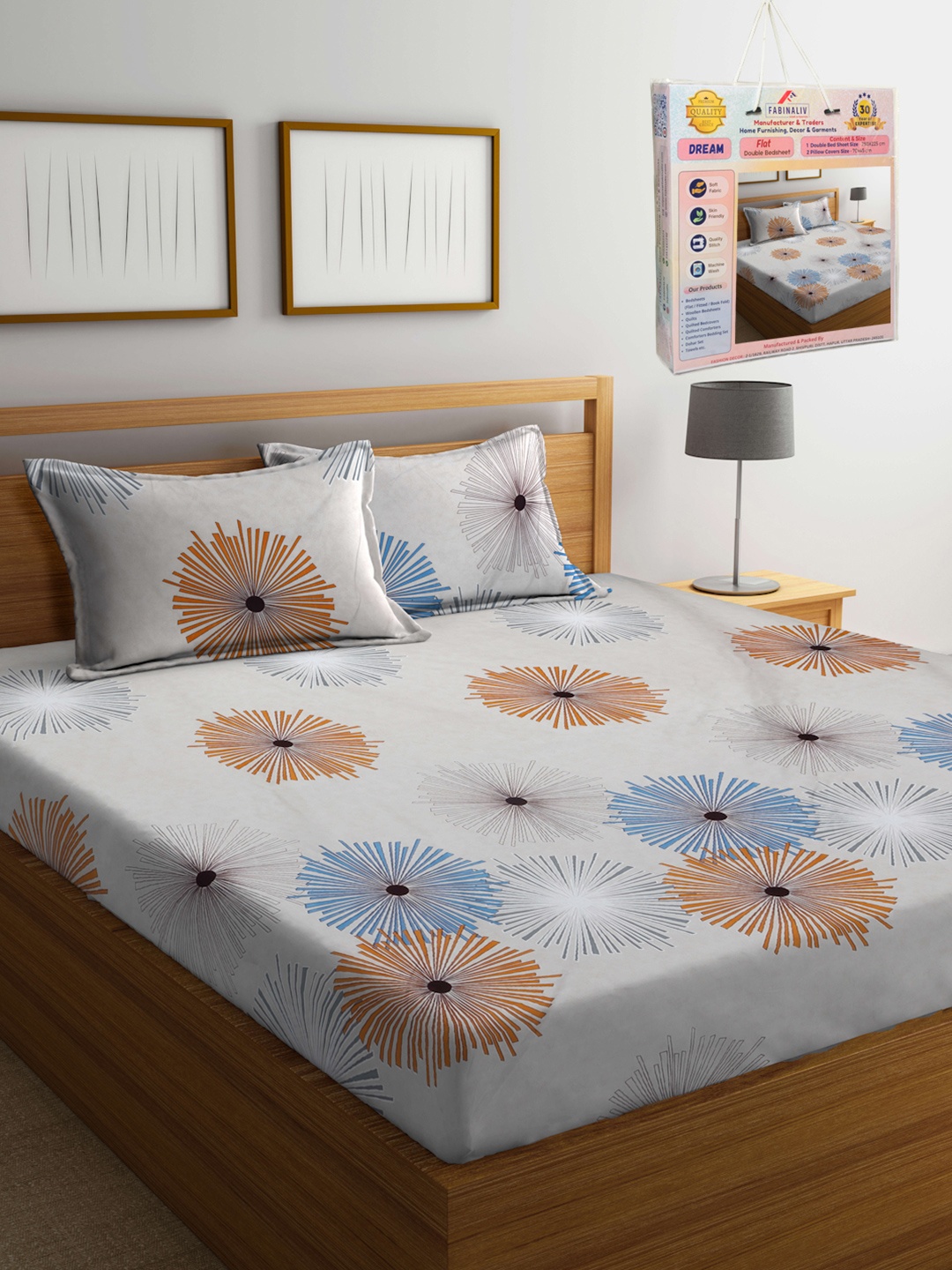 

FABINALIV White & Beige Floral Printed 300 TC King Bedsheet Set 2.50 m X 2.25 m