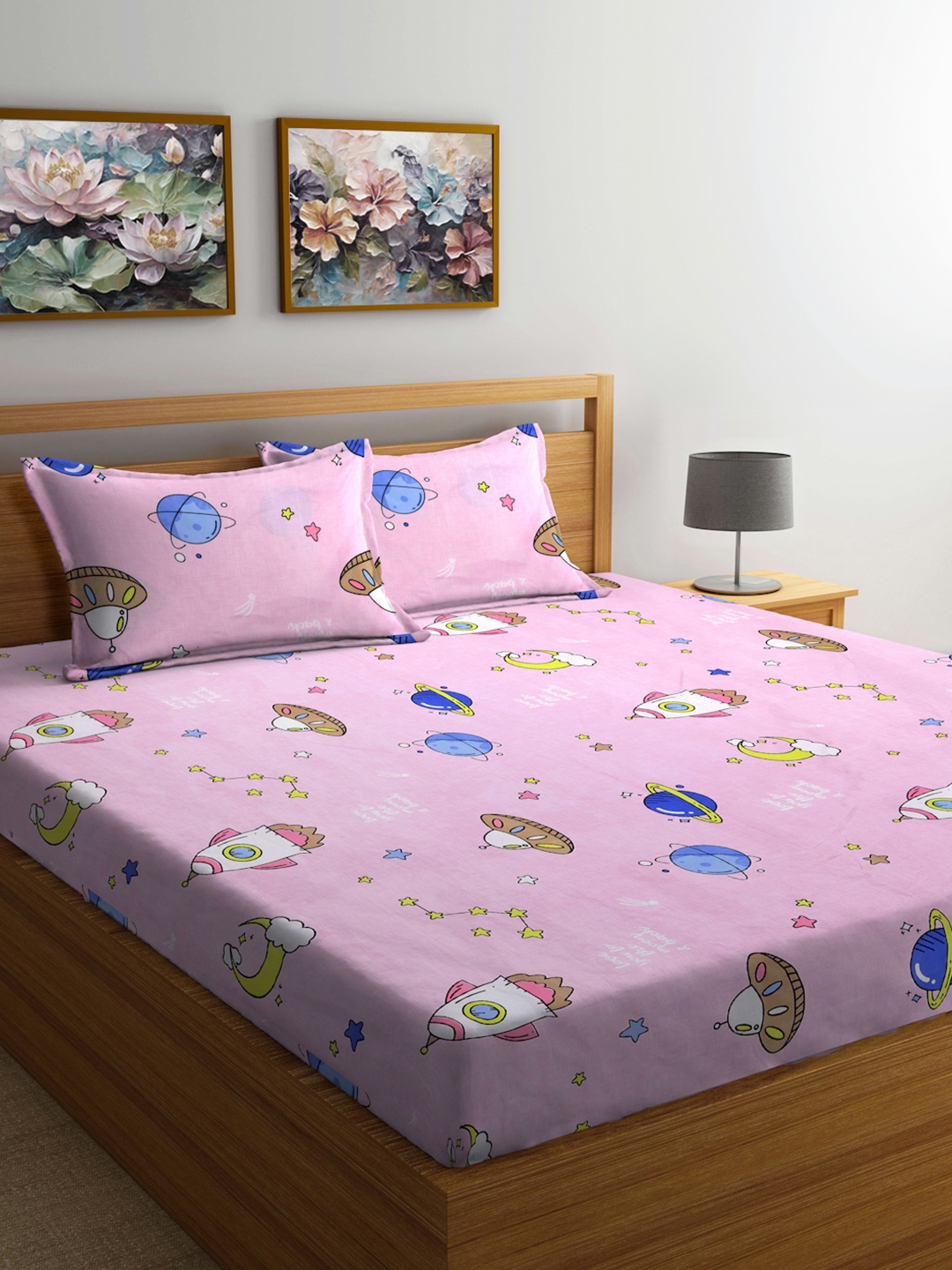 

FABINALIV Pink Rockets & Planets Printed Cotton 300 TC King Bedsheet Set 2.50 x 2.25m