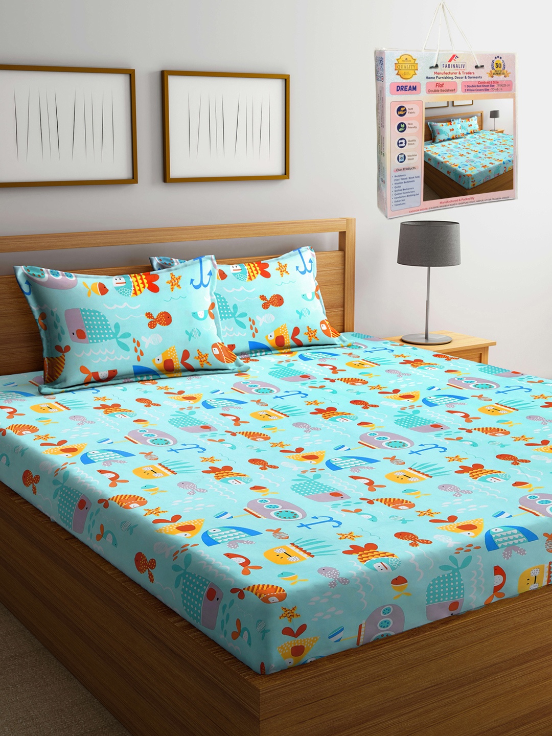 

FABINALIV Blue & Red Cartoon Characters 300 TC King Bedsheet Set-2.50 m X 2.25 m