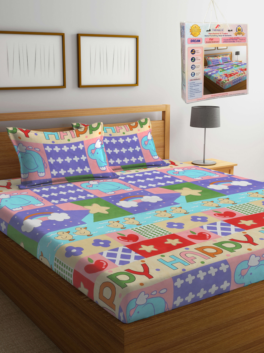 

FABINALIV Purple & Pink Cartoon Characters 300 TC King Bedsheet Set-2.50 m X 2.25 m