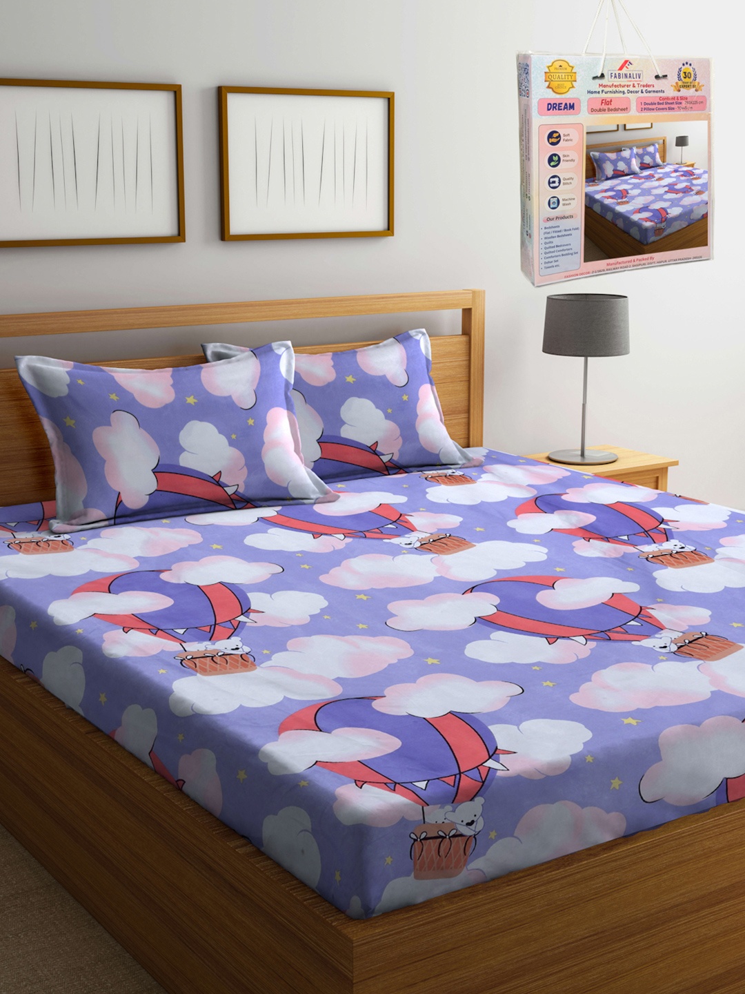 

FABINALIV Blue & White Cartoon Characters Printed 300 TC King Bedsheet Set 2.50 m X 2.25 m