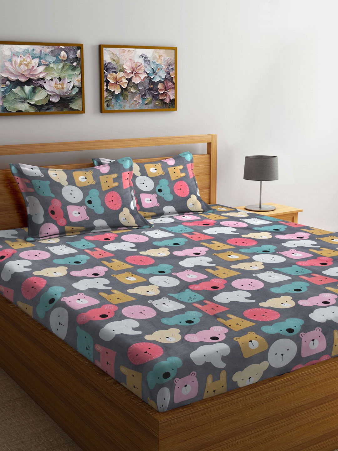 

FABINALIV Grey & Blue Cartoon Characters 300 TC King Bedsheet Set-2.50 m X 2.25 m
