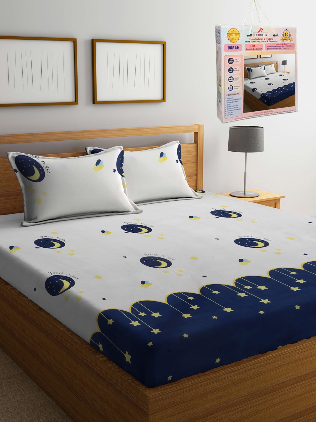 

FABINALIV White & Blue Cartoon Characters Printed 300 TC King Bedsheet Set 2.50 m X 2.25 m