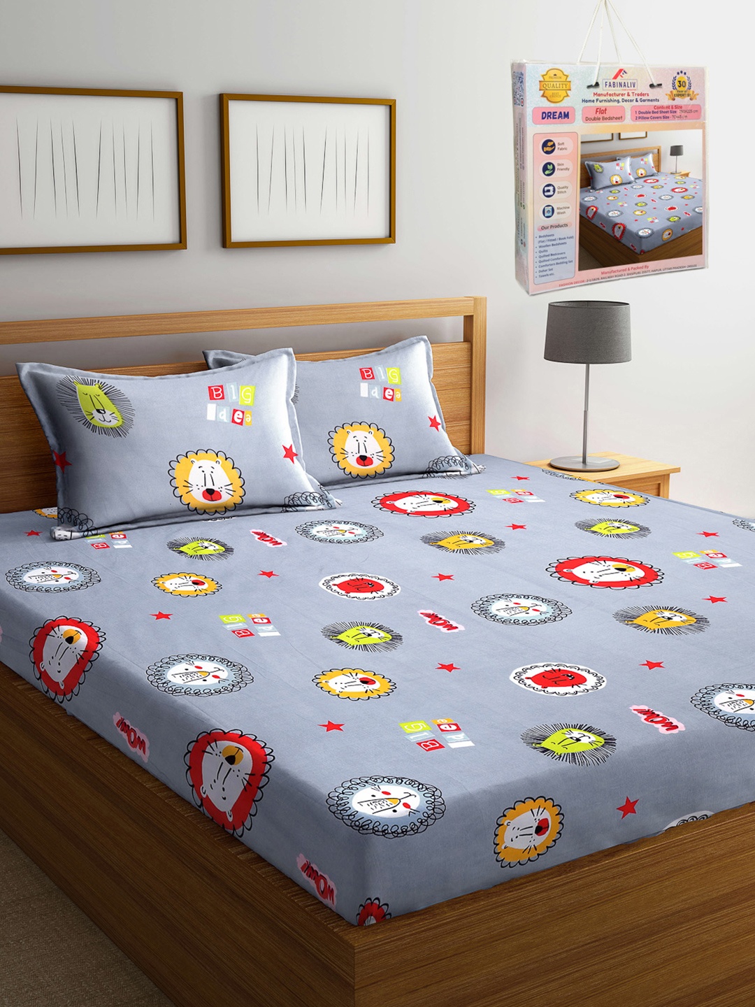 

FABINALIV Grey & Red Cartoon Characters Printed 300 TC King Bedsheet Set 2.50 m X 2.25 m