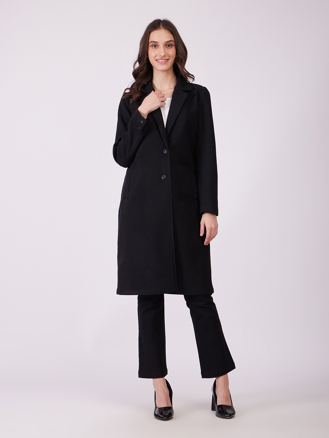 

FableStreet Women Knitted Single Breasted Overcoat, Black