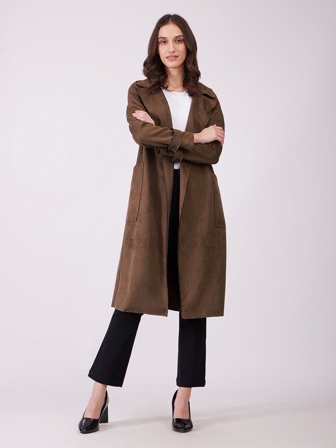 

FableStreet Women Suede Double Breasted Overcoat, Tan