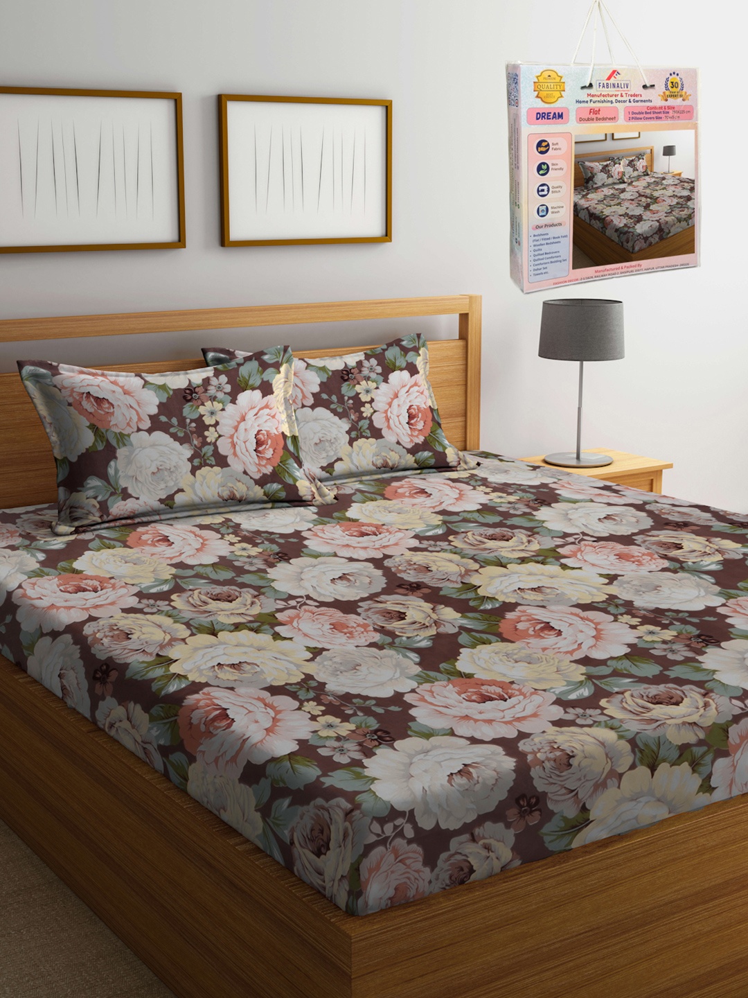 

FABINALIV Brown & Grey Floral 300 TC King Bedsheet Set-2.50 m X 2.25 m