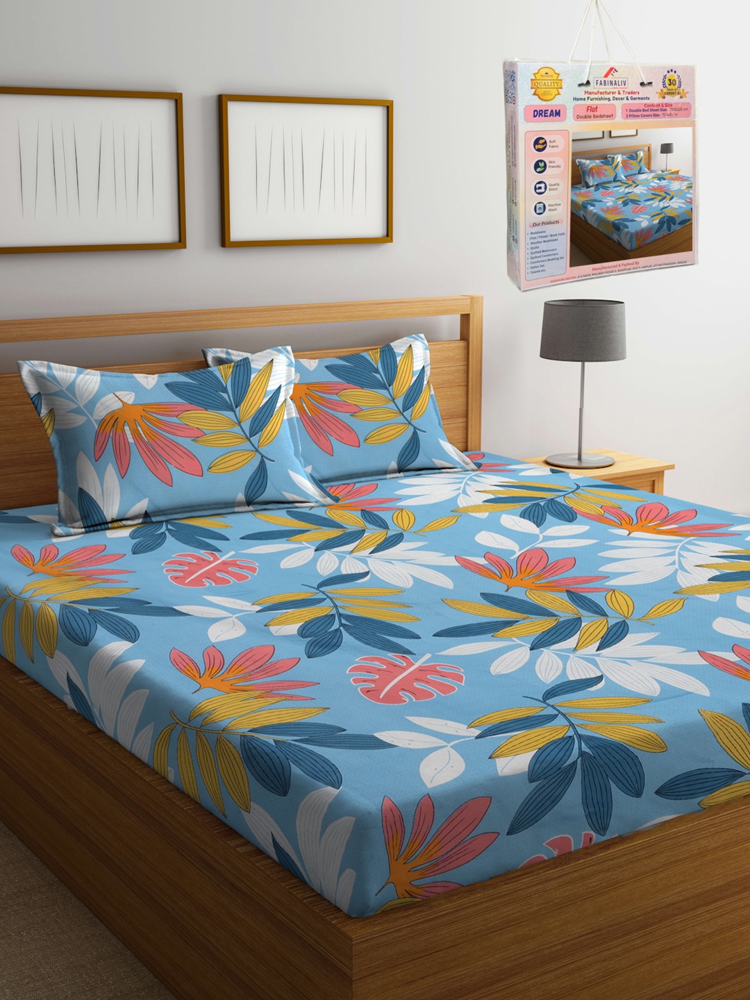 

FABINALIV Blue & Pink Floral Printed 300 TC King Bedsheet Set 2.50 m X 2.25 m
