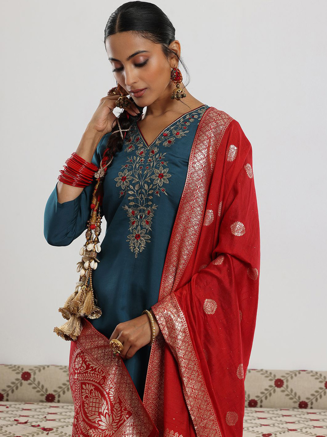 

Libas Teal Blue and Red Floral Yoke Design Straight Kurta with Trouser & Dupatta
