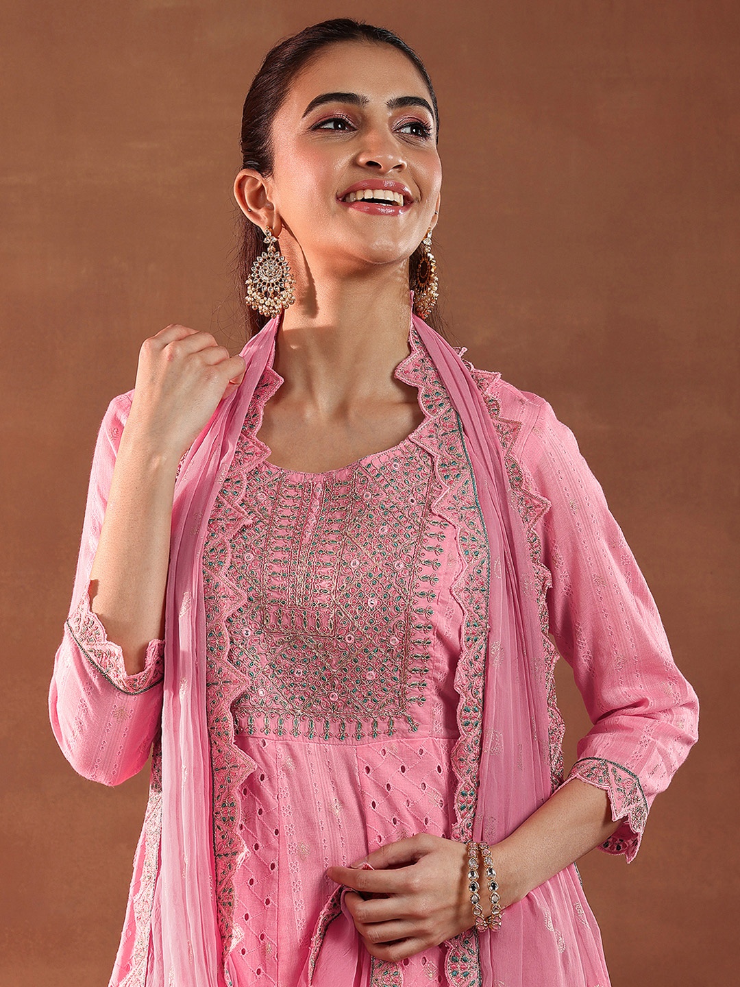 

Libas Pink Embroidered Panelled Pure Cotton A-Line Kurta with Trouser & Dupatta