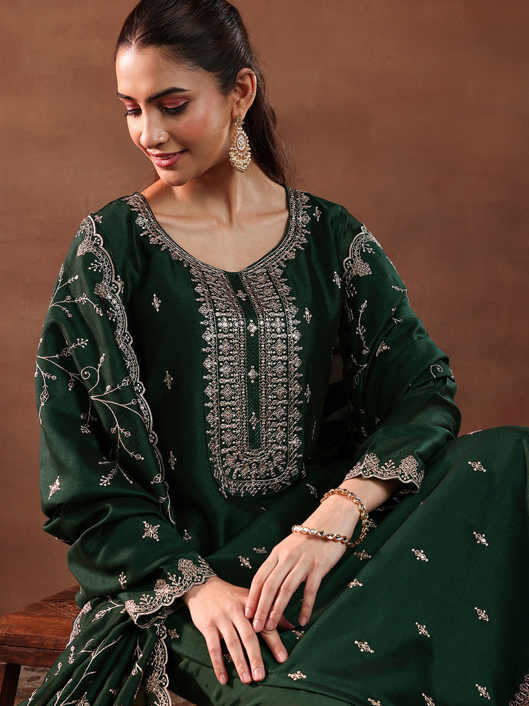 

Libas Green Floral Zari Embroidered Straight Kurta with Trousers & Dupatta