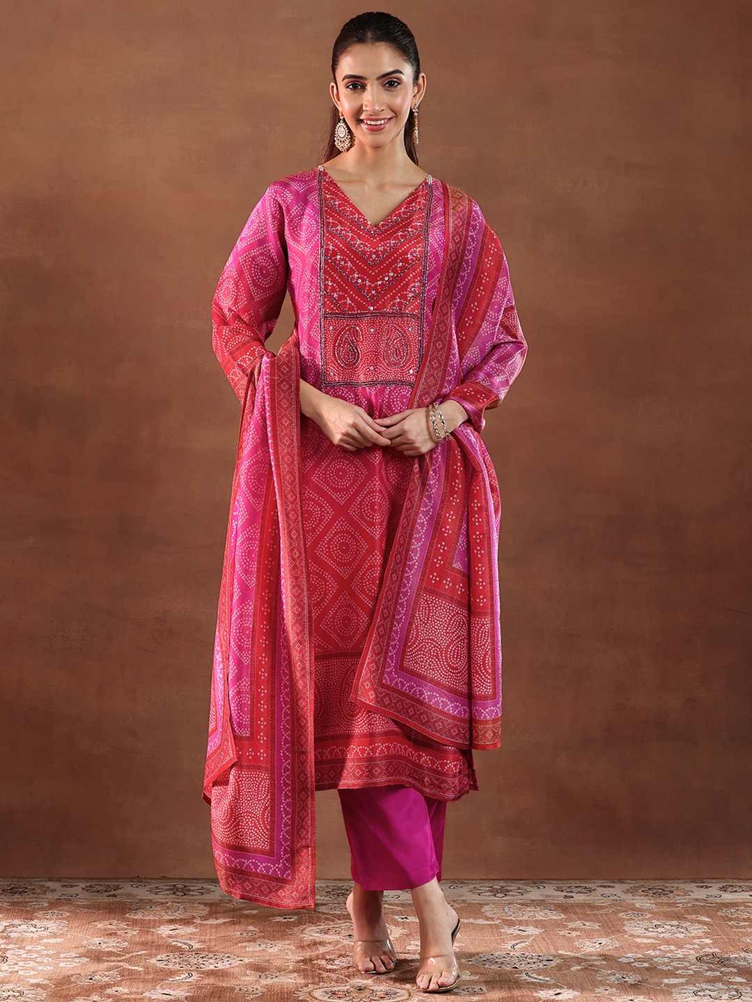 

Libas Pink V-Neck Bandhani Printed Sequinned Straight Kurta with Trouser & Dupatta