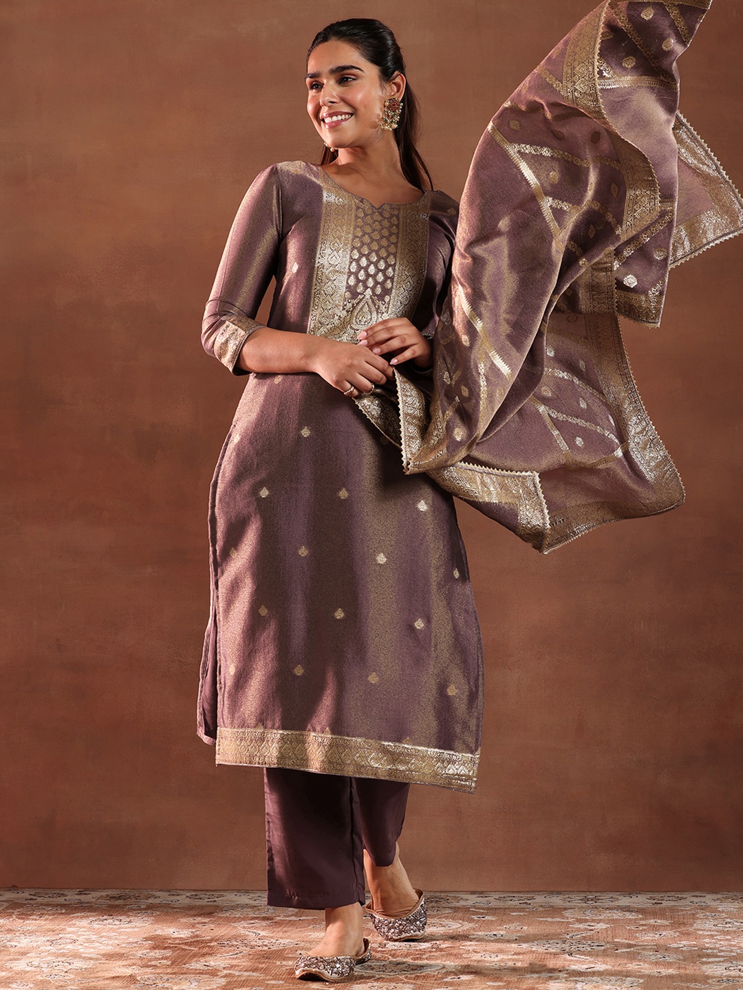 Libas Mauve and Gold Ethnic Motifs Woven Design Straight Kurta with Trouser & Dupatta