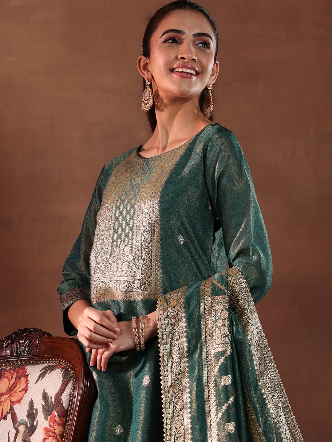 

Libas Green and Gold Ethnic Motifs Woven Design Straight Kurta with Trouser & Dupatta