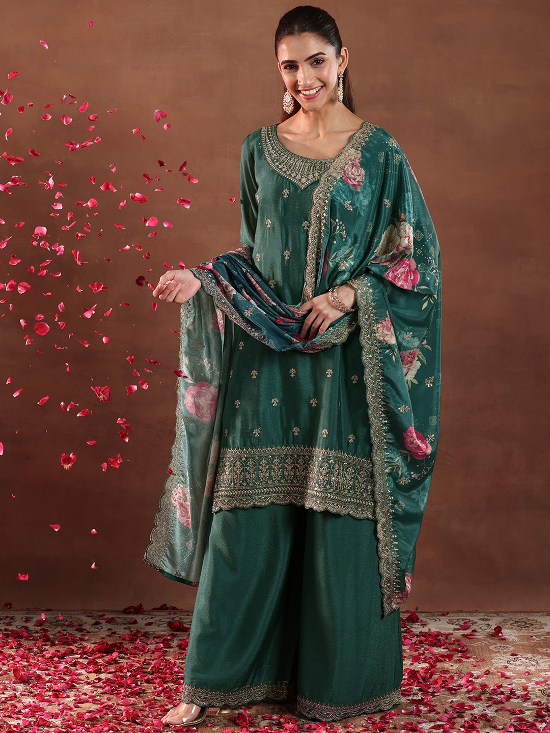 

Libas Teal Green Floral Zari Embroidered Straight Kurta with Palazzo & Dupatta