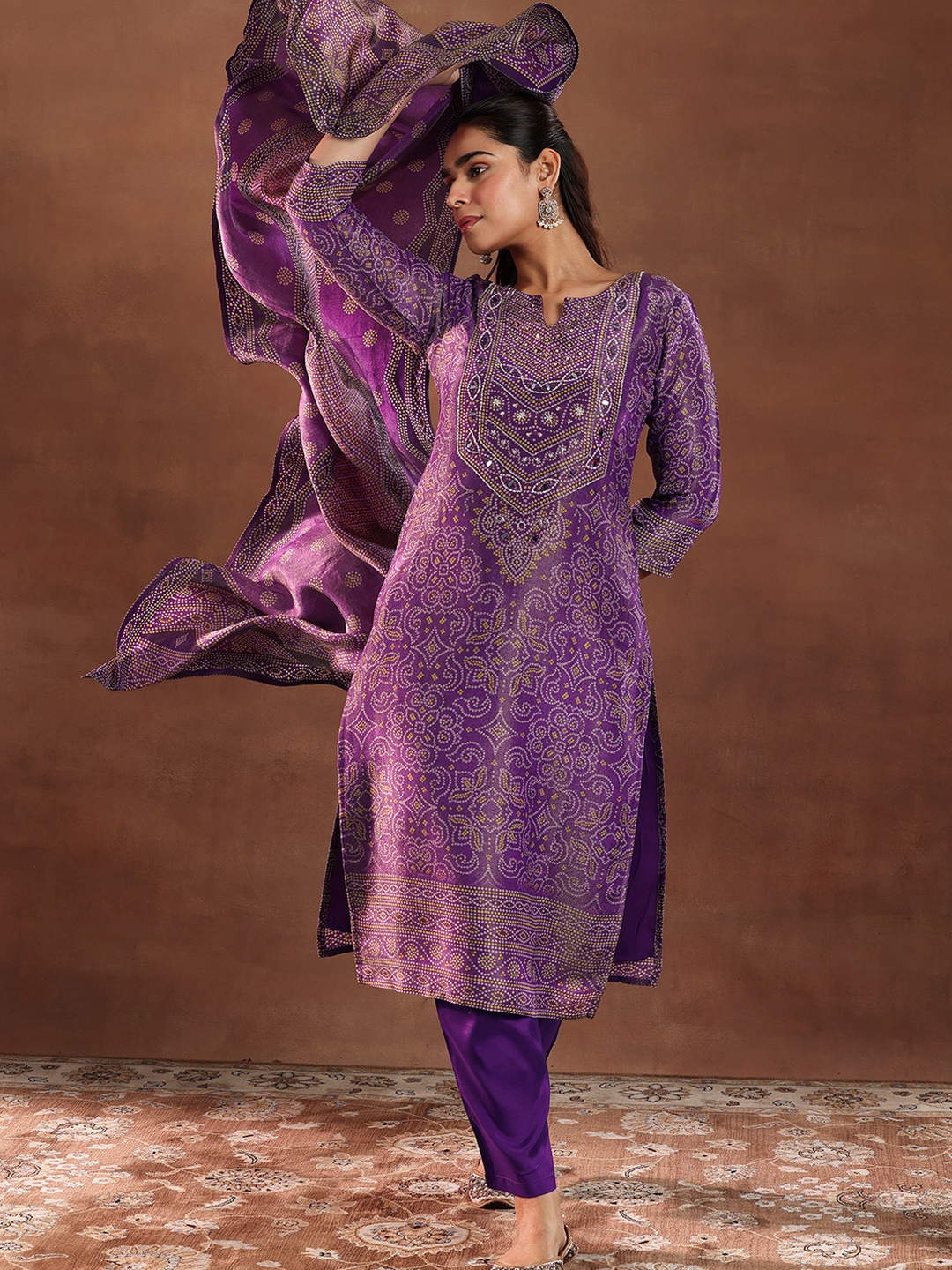 

Libas Purple and Yellow Bandhani Printed Sequinned Straight Kurta with Trouser & Dupatta