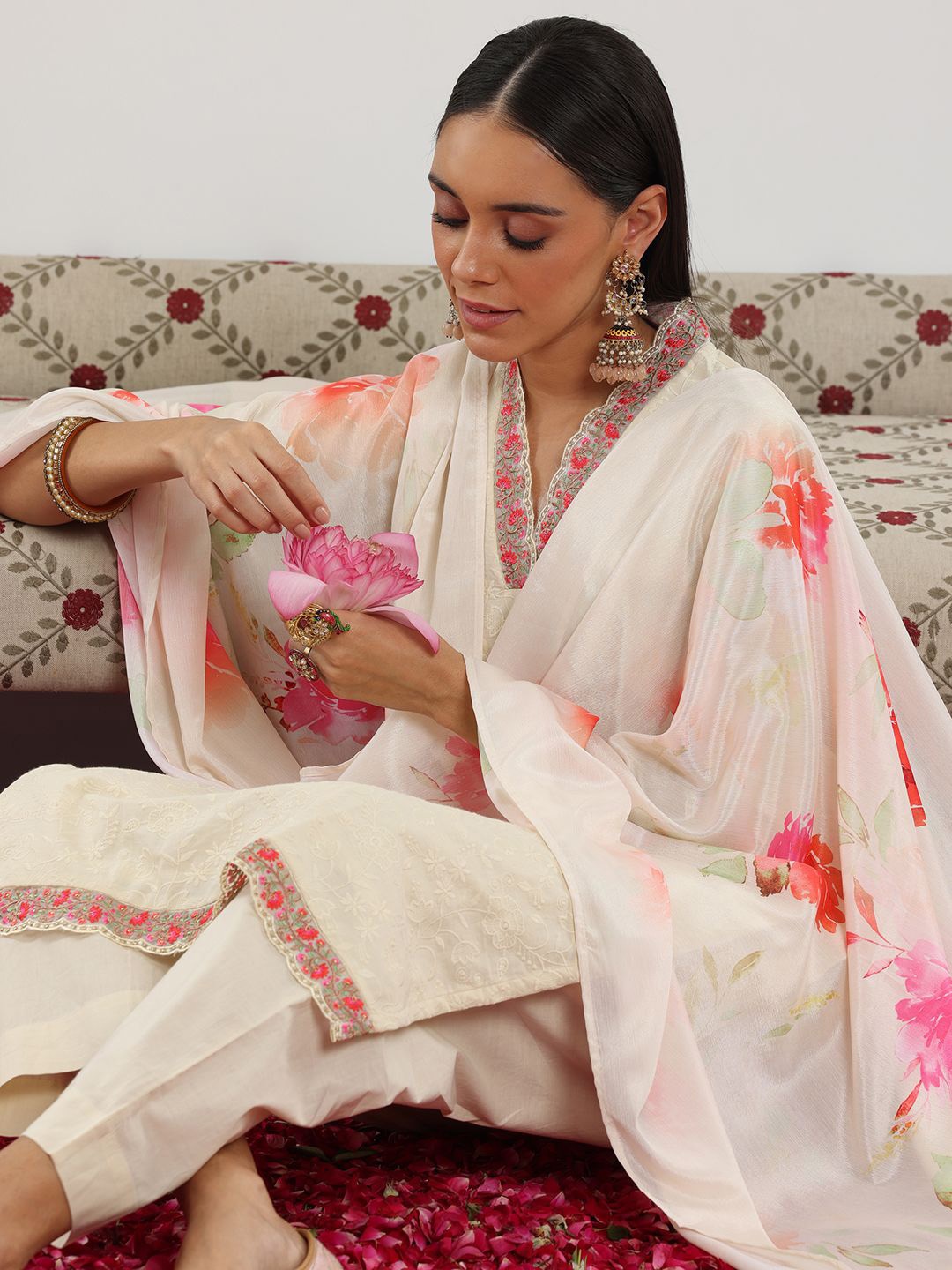 Libas Off White Floral Embroidered Thread Work Pure Cotton Kurta with Trouser & Dupatta