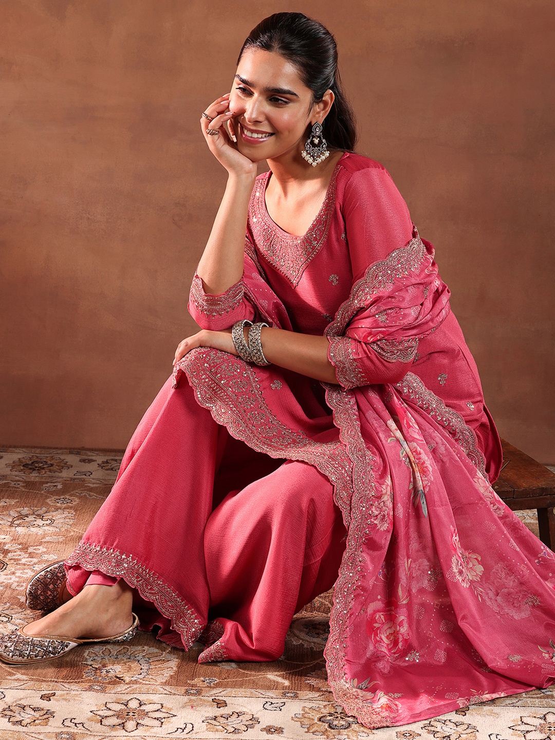 

Libas Pink and Silver Floral Zari Embroidered Straight Kurta with Palazzo & Dupatta
