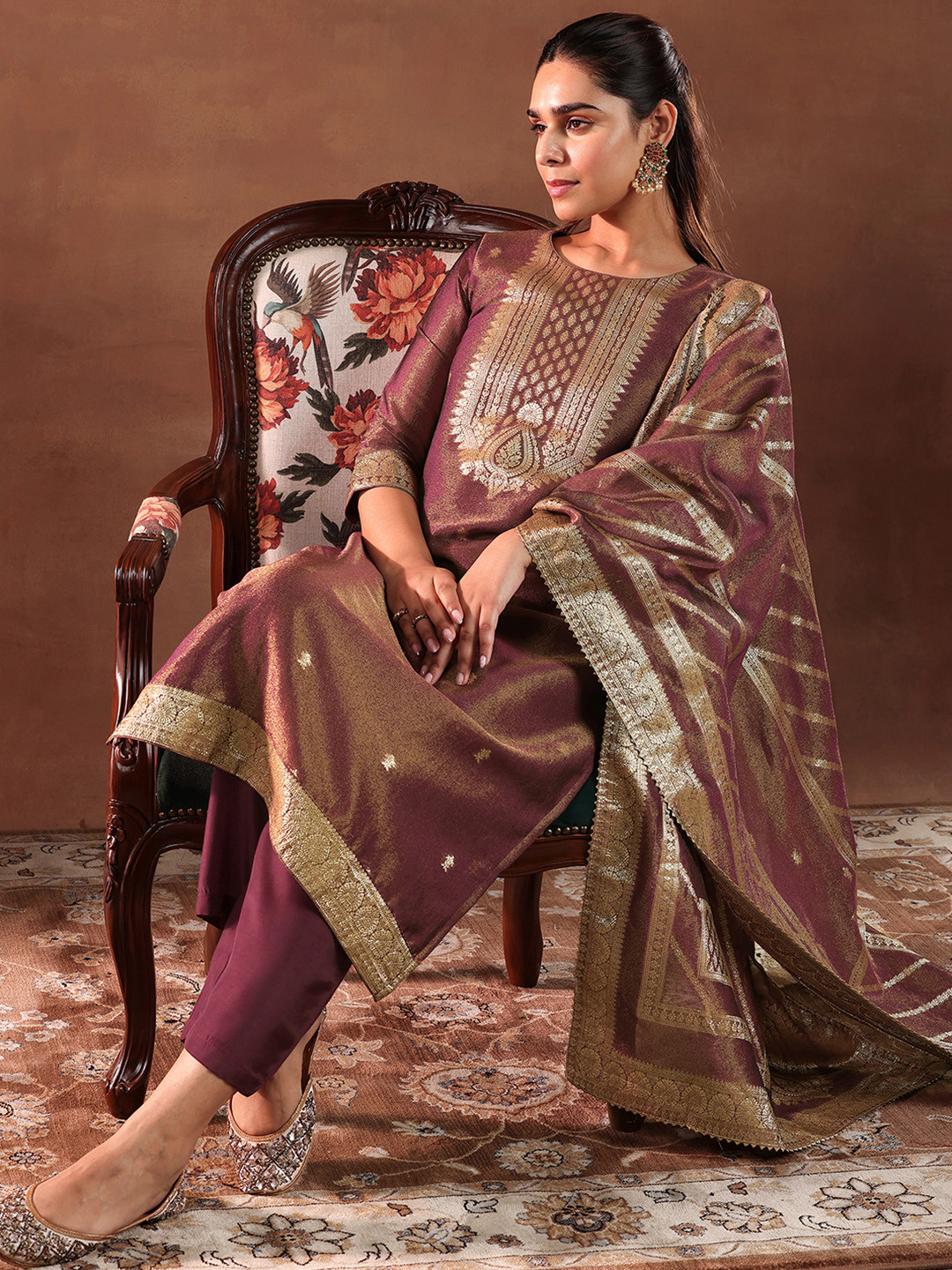 

Libas Maroon and Silver Ethnic Motifs Woven Design Straight Kurta with Trouser & Dupatta