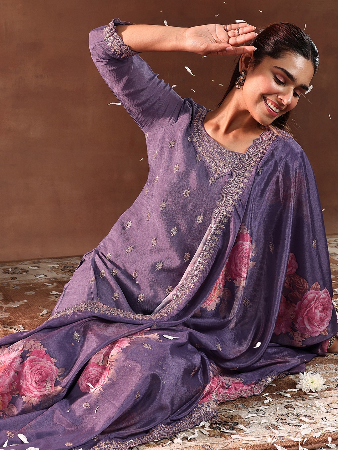 

Libas Purple and Pink Floral Zari Embroidered Straight Kurta with Palazzo & Dupatta